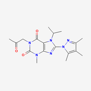 molecular formula C18H24N6O3 B2981499 3-methyl-1-(2-oxopropyl)-7-(propan-2-yl)-8-(3,4,5-trimethyl-1H-pyrazol-1-yl)-2,3,6,7-tetrahydro-1H-purine-2,6-dione CAS No. 1014011-07-4