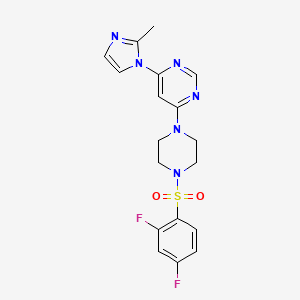 molecular formula C18H18F2N6O2S B2981560 4-(4-((2,4-difluorophenyl)sulfonyl)piperazin-1-yl)-6-(2-methyl-1H-imidazol-1-yl)pyrimidine CAS No. 1170651-06-5