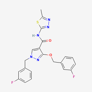molecular formula C21H17F2N5O2S B2981585 1-(3-fluorobenzyl)-3-((3-fluorobenzyl)oxy)-N-(5-methyl-1,3,4-thiadiazol-2-yl)-1H-pyrazole-4-carboxamide CAS No. 1014068-55-3