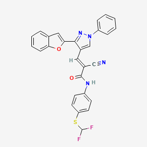 molecular formula C28H18F2N4O2S B2981590 (E)-3-[3-(1-benzofuran-2-yl)-1-phenylpyrazol-4-yl]-2-cyano-N-[4-(difluoromethylsulfanyl)phenyl]prop-2-enamide CAS No. 882237-88-9