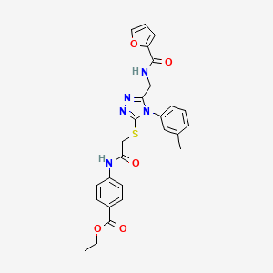 molecular formula C26H25N5O5S B2981606 Ethyl 4-[[2-[[5-[(furan-2-carbonylamino)methyl]-4-(3-methylphenyl)-1,2,4-triazol-3-yl]sulfanyl]acetyl]amino]benzoate CAS No. 309969-65-1