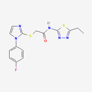 molecular formula C15H14FN5OS2 B2981634 N-(5-ethyl-1,3,4-thiadiazol-2-yl)-2-[1-(4-fluorophenyl)imidazol-2-yl]sulfanylacetamide CAS No. 851132-69-9