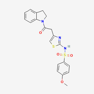 molecular formula C20H19N3O4S2 B2981683 N-(4-(2-(indolin-1-yl)-2-oxoethyl)thiazol-2-yl)-4-methoxybenzenesulfonamide CAS No. 921995-73-5