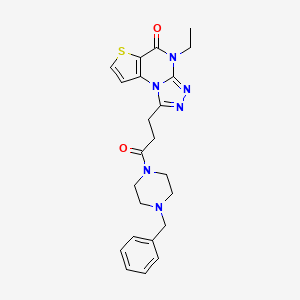 molecular formula C23H26N6O2S B2981692 1-(3-(4-benzylpiperazin-1-yl)-3-oxopropyl)-4-ethylthieno[2,3-e][1,2,4]triazolo[4,3-a]pyrimidin-5(4H)-one CAS No. 1189885-05-9