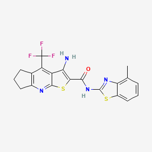 molecular formula C20H15F3N4OS2 B2981696 6-氨基-N-(4-甲基-1,3-苯并噻唑-2-基)-8-(三氟甲基)-4-硫杂-2-氮杂三环[7.3.0.0^{3,7}]十二-1(9),2,5,7-四烯-5-甲酰胺 CAS No. 674805-32-4