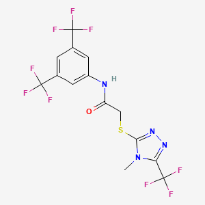 molecular formula C14H9F9N4OS B2981719 N-[3,5-bis(trifluoromethyl)phenyl]-2-{[4-methyl-5-(trifluoromethyl)-4H-1,2,4-triazol-3-yl]sulfanyl}acetamide CAS No. 329929-30-8