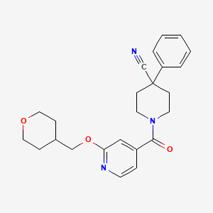 molecular formula C24H27N3O3 B2981735 4-苯基-1-(2-((四氢-2H-吡喃-4-基)甲氧基)异烟酰基)哌啶-4-腈 CAS No. 2034244-23-8