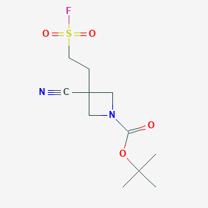 molecular formula C11H17FN2O4S B2981754 Tert-butyl 3-cyano-3-(2-fluorosulfonylethyl)azetidine-1-carboxylate CAS No. 2344680-39-1