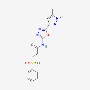 molecular formula C16H17N5O4S B2981761 N-(5-(1,5-dimethyl-1H-pyrazol-3-yl)-1,3,4-oxadiazol-2-yl)-3-(phenylsulfonyl)propanamide CAS No. 1171498-90-0