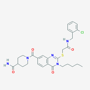 molecular formula C29H34ClN5O4S B2981762 1-(2-((2-((2-Chlorobenzyl)amino)-2-oxoethyl)thio)-4-oxo-3-pentyl-3,4-dihydroquinazoline-7-carbonyl)piperidine-4-carboxamide CAS No. 451467-59-7