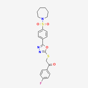 molecular formula C22H22FN3O4S2 B2981779 2-((5-(4-(Azepan-1-ylsulfonyl)phenyl)-1,3,4-oxadiazol-2-yl)thio)-1-(4-fluorophenyl)ethanone CAS No. 923122-21-8