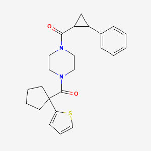molecular formula C24H28N2O2S B2981808 (4-(2-Phenylcyclopropanecarbonyl)piperazin-1-yl)(1-(thiophen-2-yl)cyclopentyl)methanone CAS No. 1206999-74-7