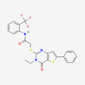 molecular formula C23H18F3N3O2S2 B2981963 2-((3-ethyl-4-oxo-6-phenyl-3,4-dihydrothieno[3,2-d]pyrimidin-2-yl)thio)-N-(2-(trifluoromethyl)phenyl)acetamide CAS No. 1189990-79-1