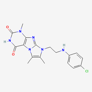 molecular formula C18H19ClN6O2 B2981969 8-(2-((4-chlorophenyl)amino)ethyl)-1,6,7-trimethyl-1H-imidazo[2,1-f]purine-2,4(3H,8H)-dione CAS No. 923151-83-1