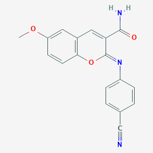 molecular formula C18H13N3O3 B2981980 2-(4-Cyanophenyl)imino-6-methoxychromene-3-carboxamide CAS No. 1321895-68-4