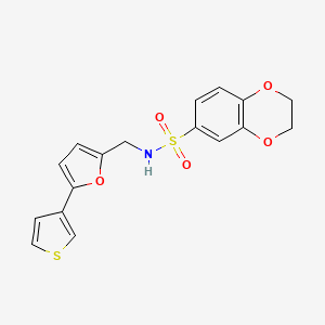 molecular formula C17H15NO5S2 B2982017 N-((5-(thiophen-3-yl)furan-2-yl)methyl)-2,3-dihydrobenzo[b][1,4]dioxine-6-sulfonamide CAS No. 2034340-88-8