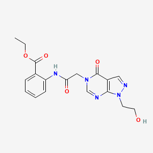 molecular formula C18H19N5O5 B2982106 Ethyl 2-[[2-[1-(2-hydroxyethyl)-4-oxopyrazolo[3,4-d]pyrimidin-5-yl]acetyl]amino]benzoate CAS No. 900011-48-5