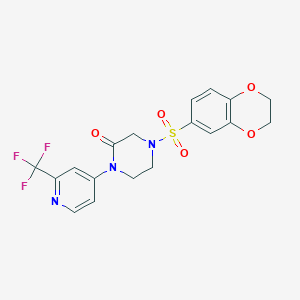 molecular formula C18H16F3N3O5S B2982149 4-(2,3-Dihydro-1,4-benzodioxin-6-ylsulfonyl)-1-[2-(trifluoromethyl)pyridin-4-yl]piperazin-2-one CAS No. 2380096-62-6