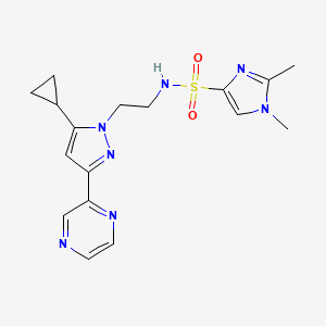 molecular formula C17H21N7O2S B2982163 N-(2-(5-cyclopropyl-3-(pyrazin-2-yl)-1H-pyrazol-1-yl)ethyl)-1,2-dimethyl-1H-imidazole-4-sulfonamide CAS No. 2034506-83-5