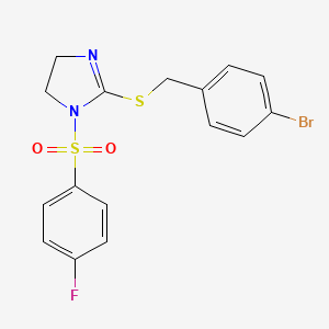 molecular formula C16H14BrFN2O2S2 B2982183 2-[(4-Bromophenyl)methylsulfanyl]-1-(4-fluorophenyl)sulfonyl-4,5-dihydroimidazole CAS No. 868217-10-1