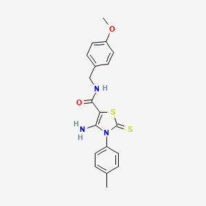 molecular formula C19H19N3O2S2 B2982246 4-amino-N-(4-methoxybenzyl)-2-thioxo-3-(p-tolyl)-2,3-dihydrothiazole-5-carboxamide CAS No. 946370-78-1