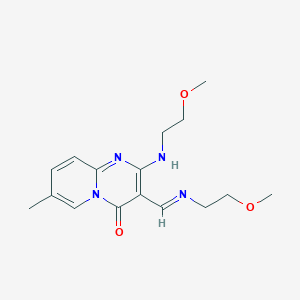 molecular formula C16H22N4O3 B2982282 2-[(2-methoxyethyl)amino]-3-[(1E)-[(2-methoxyethyl)imino]methyl]-7-methyl-4H-pyrido[1,2-a]pyrimidin-4-one CAS No. 1785993-28-3