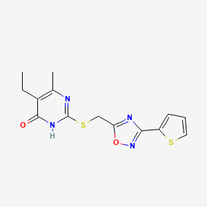 molecular formula C14H14N4O2S2 B2982345 5-Ethyl-6-methyl-2-({[3-(2-thienyl)-1,2,4-oxadiazol-5-yl]methyl}sulfanyl)-4-pyrimidinol CAS No. 948248-84-8