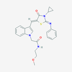 2-(3-{[3-cyclopropyl-4-oxo-2-(phenylimino)-1,3-thiazolidin-5-ylidene]methyl}-1H-indol-1-yl)-N-(2-methoxyethyl)acetamide