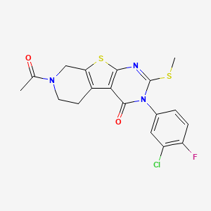 molecular formula C18H15ClFN3O2S2 B2982392 7-acetyl-3-(3-chloro-4-fluorophenyl)-2-(methylthio)-5,6,7,8-tetrahydropyrido[4',3':4,5]thieno[2,3-d]pyrimidin-4(3H)-one CAS No. 892300-94-6