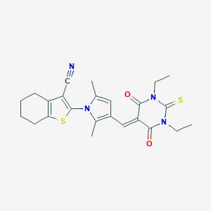 molecular formula C24H26N4O2S2 B298257 2-{3-[(1,3-diethyl-4,6-dioxo-2-thioxotetrahydro-5(2H)-pyrimidinylidene)methyl]-2,5-dimethyl-1H-pyrrol-1-yl}-4,5,6,7-tetrahydro-1-benzothiophene-3-carbonitrile 