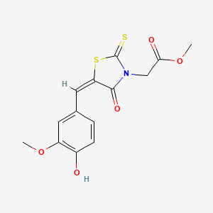molecular formula C14H13NO5S2 B2982571 (E)-methyl 2-(5-(4-hydroxy-3-methoxybenzylidene)-4-oxo-2-thioxothiazolidin-3-yl)acetate CAS No. 120841-39-6