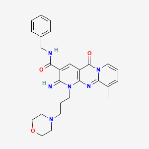 molecular formula C27H30N6O3 B2982611 N-benzyl-6-imino-11-methyl-7-[3-(morpholin-4-yl)propyl]-2-oxo-1,7,9-triazatricyclo[8.4.0.0^{3,8}]tetradeca-3(8),4,9,11,13-pentaene-5-carboxamide CAS No. 867136-61-6