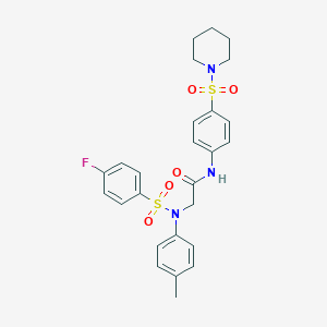 molecular formula C26H28FN3O5S2 B298262 2-{[(4-fluorophenyl)sulfonyl]-4-methylanilino}-N-[4-(1-piperidinylsulfonyl)phenyl]acetamide 