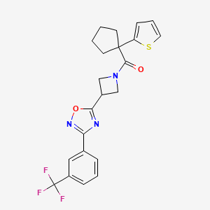 molecular formula C22H20F3N3O2S B2982622 (1-(Thiophen-2-yl)cyclopentyl)(3-(3-(3-(trifluoromethyl)phenyl)-1,2,4-oxadiazol-5-yl)azetidin-1-yl)methanone CAS No. 1396680-96-8