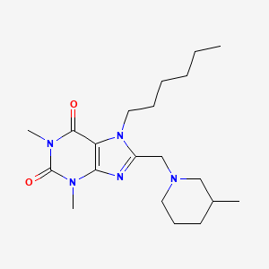 molecular formula C20H33N5O2 B2982634 7-hexyl-1,3-dimethyl-8-[(3-methylpiperidin-1-yl)methyl]-3,7-dihydro-1H-purine-2,6-dione CAS No. 851942-00-2