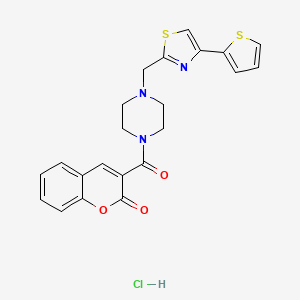 molecular formula C22H20ClN3O3S2 B2982710 3-(4-((4-(噻吩-2-基)噻唑-2-基)甲基)哌嗪-1-羰基)-2H-色烯-2-酮盐酸盐 CAS No. 1215479-97-2