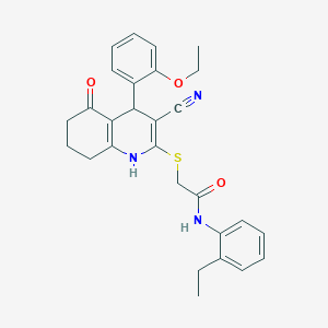 molecular formula C28H29N3O3S B2982756 2-{[3-cyano-4-(2-ethoxyphenyl)-5-hydroxy-4,6,7,8-tetrahydroquinolin-2-yl]sulfanyl}-N-(2-ethylphenyl)acetamide CAS No. 370854-47-0