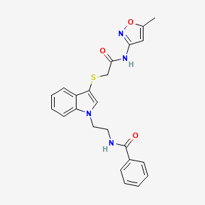 molecular formula C23H22N4O3S B2982846 N-(2-(3-((2-((5-methylisoxazol-3-yl)amino)-2-oxoethyl)thio)-1H-indol-1-yl)ethyl)benzamide CAS No. 532969-87-2