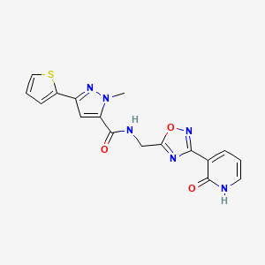molecular formula C17H14N6O3S B2982847 1-methyl-N-((3-(2-oxo-1,2-dihydropyridin-3-yl)-1,2,4-oxadiazol-5-yl)methyl)-3-(thiophen-2-yl)-1H-pyrazole-5-carboxamide CAS No. 2034350-43-9