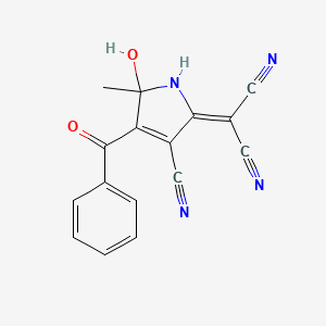 molecular formula C16H10N4O2 B2982886 2-(4-benzoyl-3-cyano-5-hydroxy-5-methyl-1,5-dihydro-2H-pyrrol-2-yliden)malononitrile CAS No. 42046-43-5