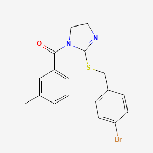 molecular formula C18H17BrN2OS B2982891 (2-((4-溴苯甲基)硫代)-4,5-二氢-1H-咪唑-1-基)(间甲苯基)甲酮 CAS No. 851800-42-5