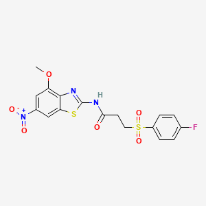 molecular formula C17H14FN3O6S2 B2982920 3-((4-氟苯基)磺酰基)-N-(4-甲氧基-6-硝基苯并[d]噻唑-2-基)丙酰胺 CAS No. 895470-22-1