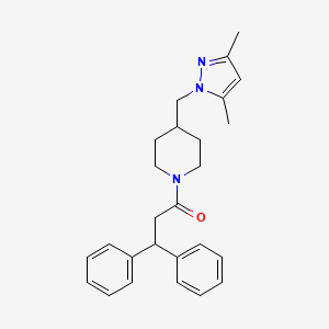 molecular formula C26H31N3O B2982980 1-(4-((3,5-二甲基-1H-吡唑-1-基)甲基哌啶-1-基)-3,3-二苯基丙酮 CAS No. 1286720-92-0