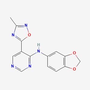 molecular formula C14H11N5O3 B2982983 N-(1,3-Benzodioxol-5-yl)-5-(3-methyl-1,2,4-oxadiazol-5-yl)pyrimidin-4-amine CAS No. 2380190-00-9