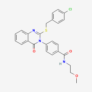 molecular formula C25H22ClN3O3S B2982985 4-[2-[(4-chlorophenyl)methylsulfanyl]-4-oxoquinazolin-3-yl]-N-(2-methoxyethyl)benzamide CAS No. 403729-18-0