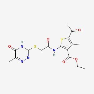 molecular formula C16H18N4O5S2 B2983193 Ethyl 5-acetyl-4-methyl-2-({[(6-methyl-5-oxo-4,5-dihydro-1,2,4-triazin-3-yl)sulfanyl]acetyl}amino)thiophene-3-carboxylate CAS No. 898630-90-5