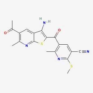 molecular formula C19H16N4O2S2 B2983215 5-{5-Acetyl-3-amino-6-methylthieno[2,3-b]pyridine-2-carbonyl}-6-methyl-2-(methylsulfanyl)pyridine-3-carbonitrile CAS No. 1427723-28-1