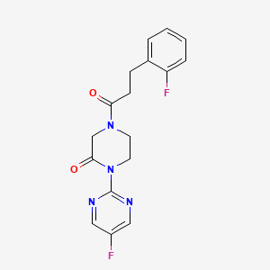 molecular formula C17H16F2N4O2 B2983285 4-[3-(2-Fluorophenyl)propanoyl]-1-(5-fluoropyrimidin-2-yl)piperazin-2-one CAS No. 2319726-94-6