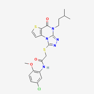 molecular formula C21H22ClN5O3S2 B2983286 N-(5-chloro-2-methoxyphenyl)-2-((4-isopentyl-5-oxo-4,5-dihydrothieno[2,3-e][1,2,4]triazolo[4,3-a]pyrimidin-1-yl)thio)acetamide CAS No. 1216412-39-3
