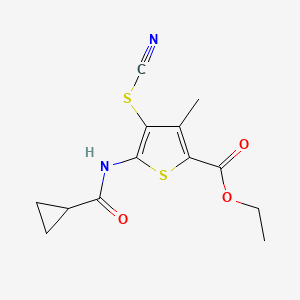 molecular formula C13H14N2O3S2 B2983294 5-(环丙烷甲酰胺基)-3-甲基-4-硫氰基噻吩-2-甲酸乙酯 CAS No. 681155-72-6